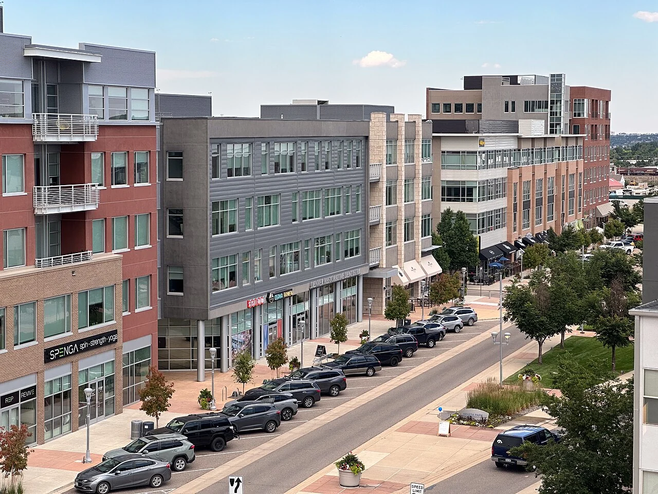 Modern shops and homes along Arista Place in Broomfield