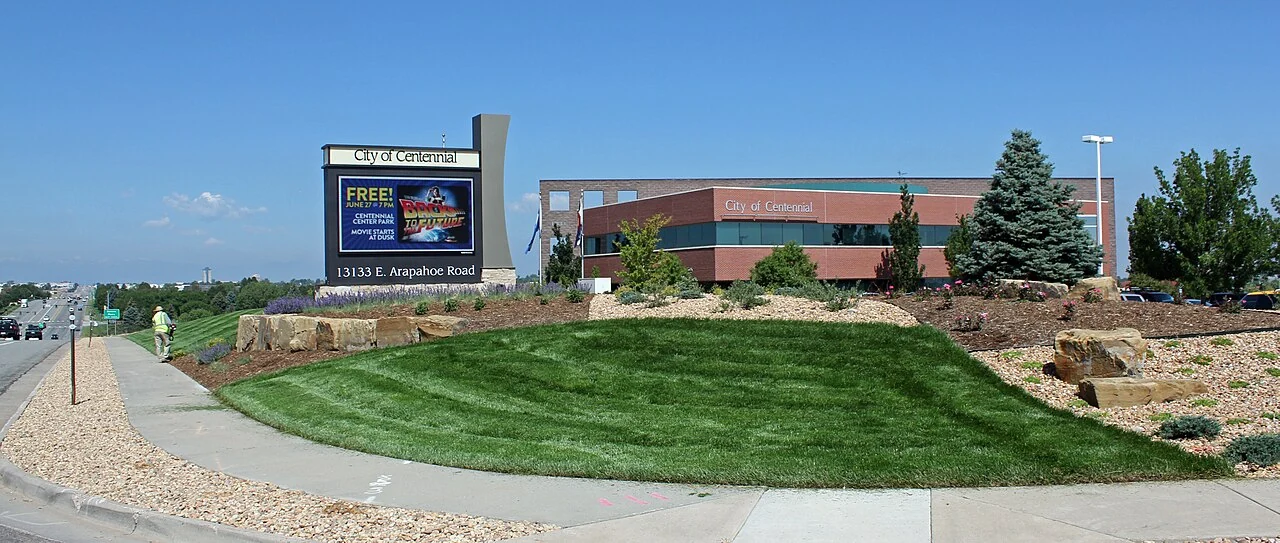 Centennial Civic Center and city sign along East Arapahoe Road