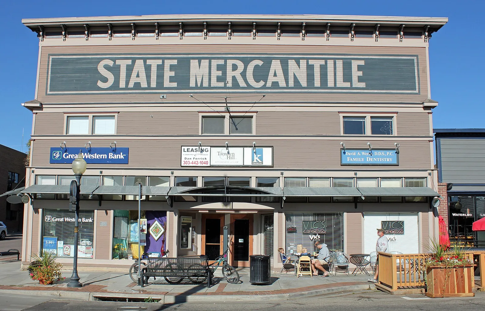 Historic State Mercantile storefront on Main Street in Louisville, Colorado