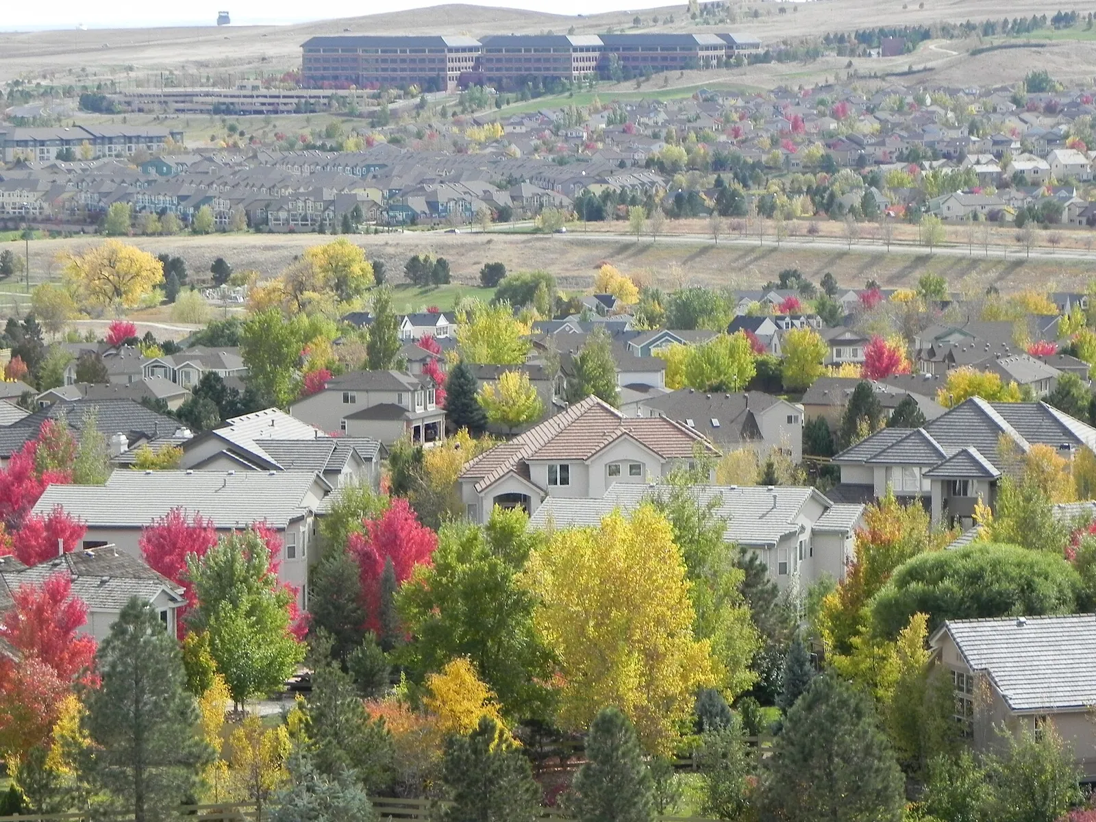 Autumn trees and homes in the Rock Creek neighborhood of Superior, Colorado