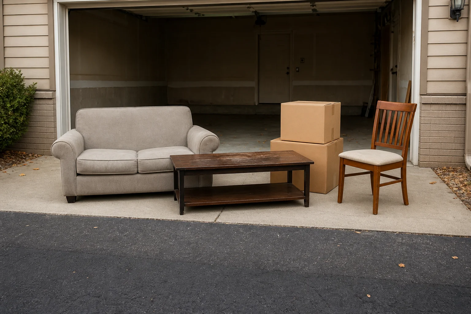A sofa, table, chair and boxes outside a garage